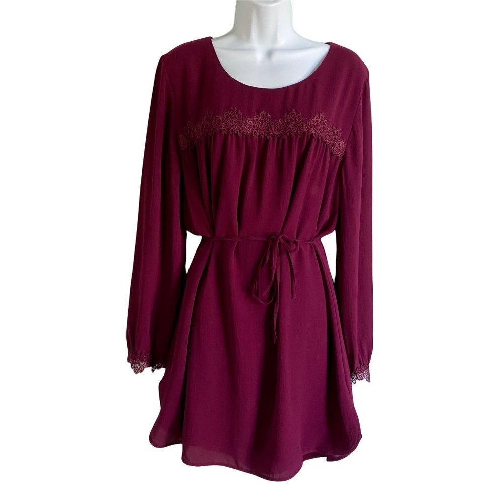 A New Day Long Sleeve Lined Dress with Lace Detail and Belt Medium